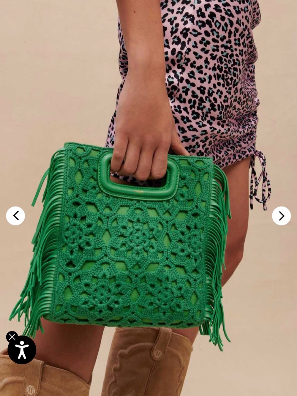 Maje Green Crochet Fringe Crossbody with Top Handle